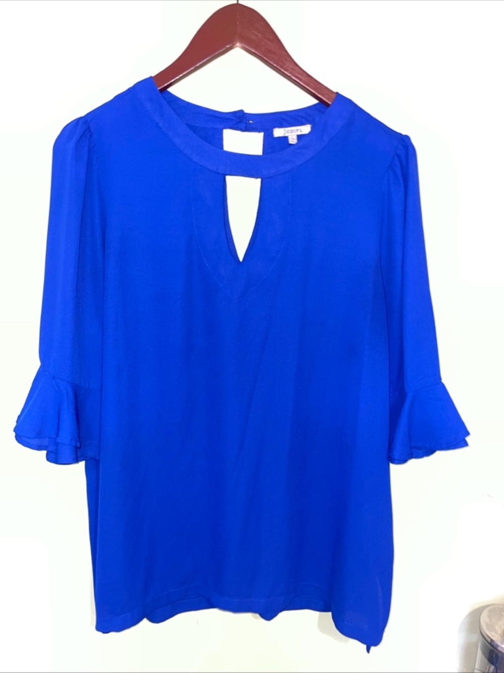 JODIFL Royal Blue Keyhole Ruffle Sleeve Blouse